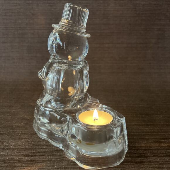 Crystal Snowman Candle Holder – Tealight Size – Frosted Glass Winter Decor – 5″ - Picture 5 of 10